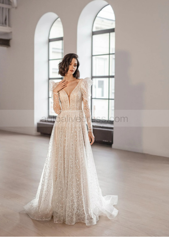 Long Sleeves Glitter Tulle Simple Beach Wedding Dress